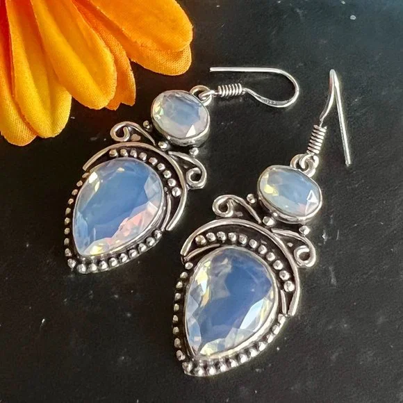 Opalite Earrings Handmade Gemstone Crystal Dangles 925 Silver Bohemian Ethnic - Picture 2 of 7